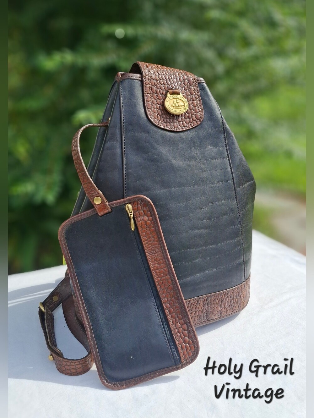 Vintage Brahmin Brown Croc Embossed & Smooth Black Leather Sling Backpack